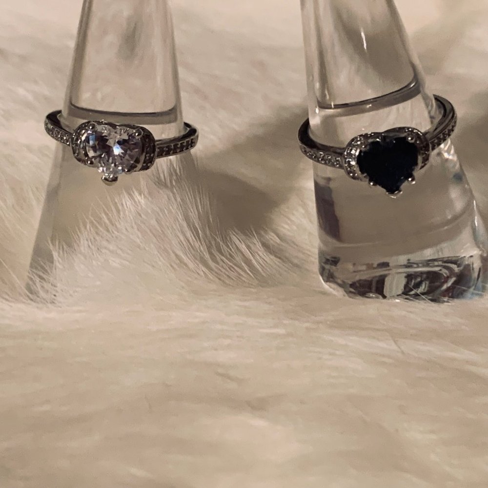 Two Heart Shaped Clear and Blue Stones Silver Tone Bands